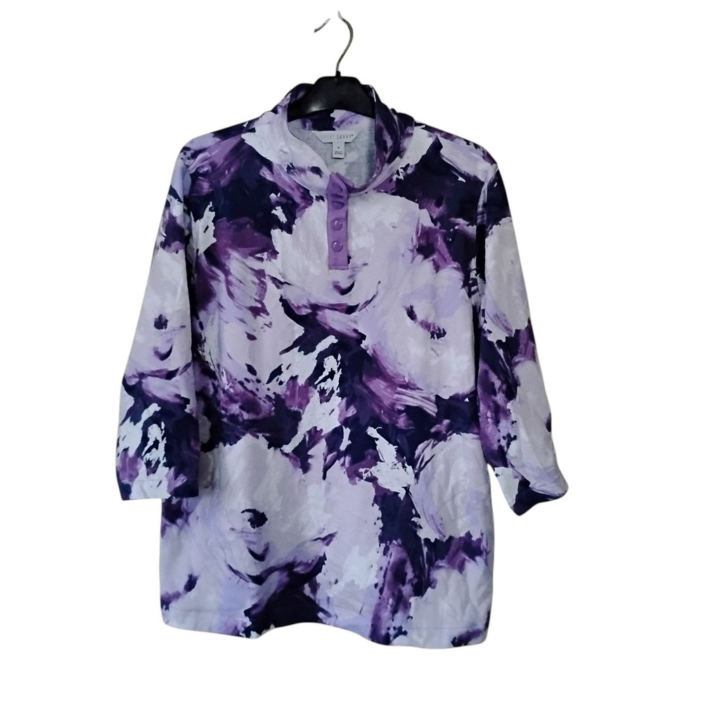 Sport Savvy Womens Purple Floral Mock Neck Snap Pullover Top Size M